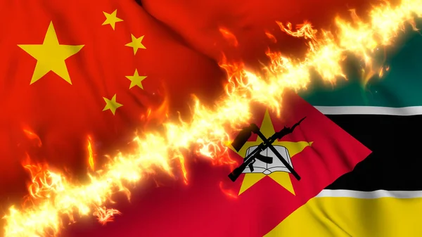 Çin Mozambik Ateş Hattıyla Ayrılmış Bir Bayrağının Tasviri Çapraz Bayraklar — Stok fotoğraf