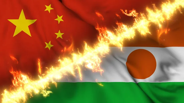 火の線で区切られた中国とニジェールの波状の旗のイラスト クロスフラグ 両国間の緊張関係 紛争や競争の描写 — ストック写真