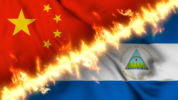 Illustration Waving Flag China Nicaragua Separated Line Fire Crossed Flags — Stock Photo, Image
