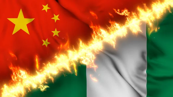 Illustration Viftande Flagga Kina Och Nigeria Åtskilda Linje Eld Korsade — Stockfoto