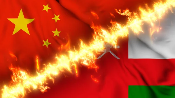 Illustration of a waving flag of China and Oman separated by a line of fire. Crossed flags: depiction of strained relations, conflicts and rivalry between the two countries