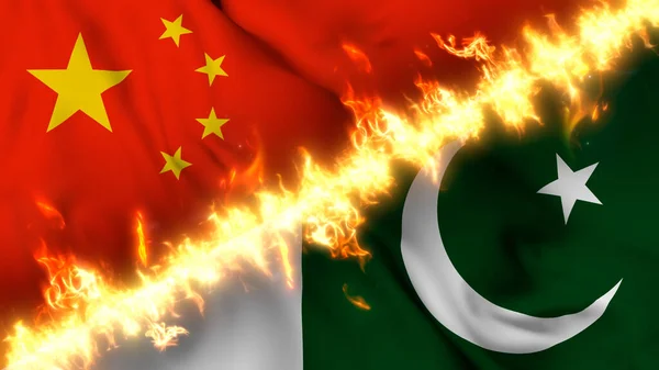Illustration Drapeau Agitant Chine Pakistan Séparé Par Une Ligne Feu — Photo