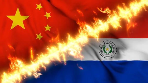 火の線で区切られた中国とパラグアイの波状の旗のイラスト クロスフラグ 両国間の緊張関係 紛争や競争の描写 — ストック写真
