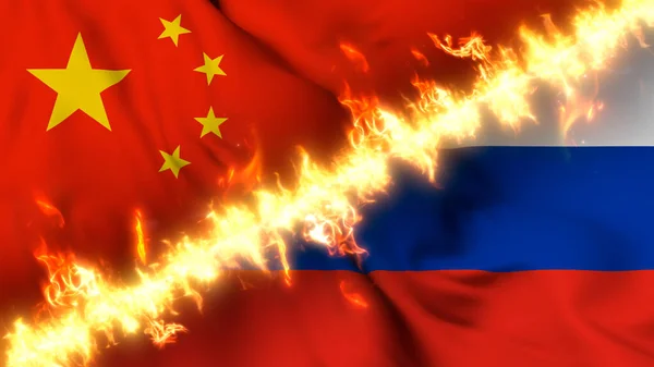 中国和俄罗斯摇曳的国旗被火线隔开的图例 交叉旗帜 对两国关系紧张 冲突和竞争的描述 — 图库照片