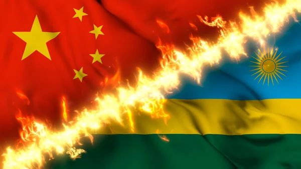 Çin Ruanda Nın Ateş Hattıyla Ayrılmış Bir Bayrağının Tasviri Çapraz — Stok fotoğraf