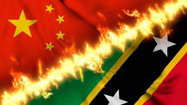 Illustration of a waving flag of China and Saint Kitts and Nevis separated by a line of fire. Crossed flags: depiction of strained relations, conflicts and rivalry between the two countries