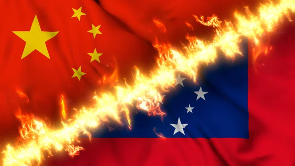 中国和萨摩亚摇曳的国旗被火线隔开的图例 交叉旗帜 对两国关系紧张 冲突和竞争的描述 — 图库照片