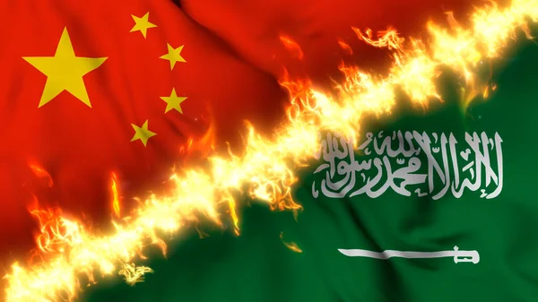 火の線で区切られた中国とサウジアラビアの波状の旗のイラスト クロスフラグ 両国間の緊張関係 紛争や競争の描写 — ストック写真