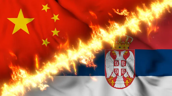 Illustration Viftande Flagga Kina Och Serbien Åtskilda Linje Eld Korsade — Stockfoto