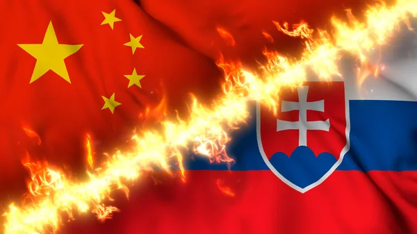 Illustration Viftande Flagga Kina Och Slovakien Åtskilda Linje Eld Korsade — Stockfoto