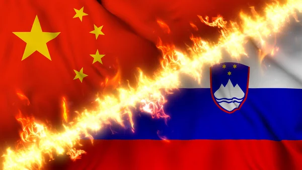 火の線で区切られた中国とスロベニアの波状の旗のイラスト クロスフラグ 両国間の緊張関係 紛争や競争の描写 — ストック写真
