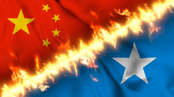 Çin Somali Nin Ateş Hattıyla Ayrılmış Bir Bayrağının Tasviri Çapraz — Stok fotoğraf