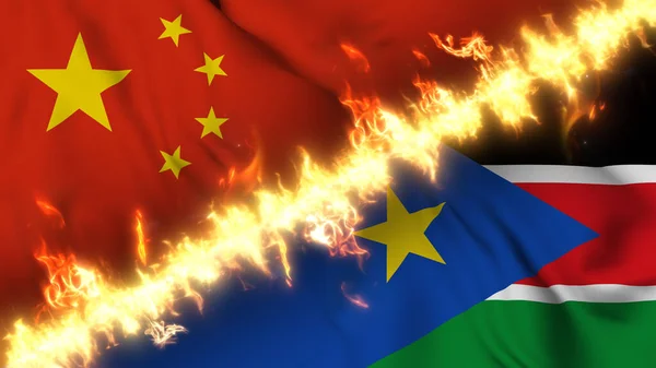 Çin Güney Sudan Ateş Hattıyla Ayrılmış Bir Bayrağının Tasviri Çapraz — Stok fotoğraf
