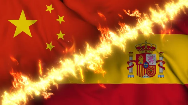 Illustration of a waving flag of China and Spain separated by a line of fire. Crossed flags: depiction of strained relations, conflicts and rivalry between the two countries