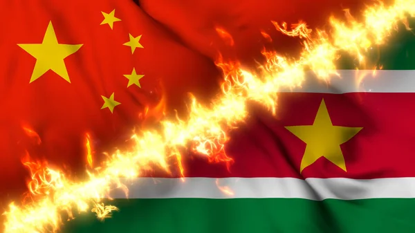 Çin Surinam Ateş Hattıyla Ayrılmış Bir Bayrak Tasviri Çapraz Bayraklar — Stok fotoğraf