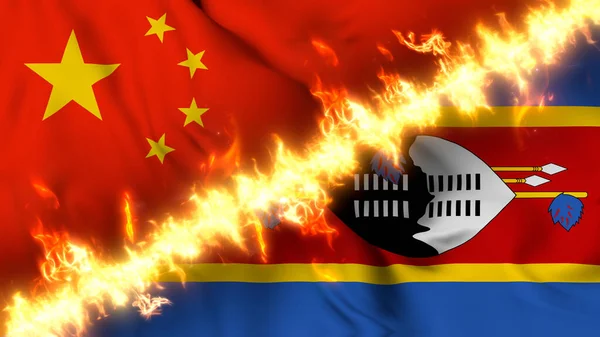 Çin Svaziland Ateş Hattıyla Ayrılmış Bir Bayrağının Tasviri Çapraz Bayraklar — Stok fotoğraf