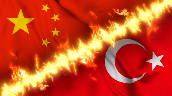 Illustration of a waving flag of China and Turkey separated by a line of fire. Crossed flags: depiction of strained relations, conflicts and rivalry between the two countries