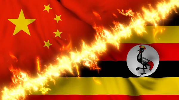 Illustrazione Una Bandiera Sventolante Cina Uganda Separata Una Linea Fuoco — Foto Stock