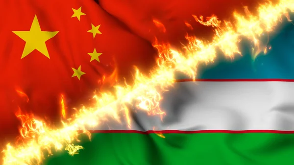 Ilustración Una Bandera Ondeante China Uzbekistán Separadas Por Una Línea —  Fotos de Stock