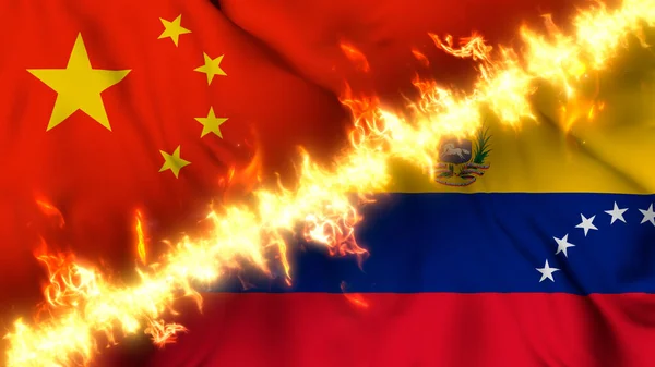 Illustration of a waving flag of China and Venezuela separated by a line of fire. Crossed flags: depiction of strained relations, conflicts and rivalry between the two countries