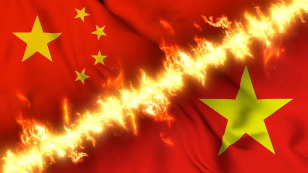 中国和越南摇曳的国旗被火线隔开的图例 交叉旗帜 对两国关系紧张 冲突和竞争的描述 — 图库照片