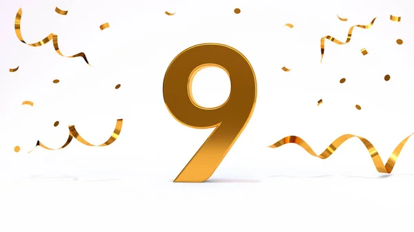 Happy 9 birthday party celebration. Gold numbers with glitter gold confetti, serpentine. Festive background. Decoration for party event. One year jubilee celebration. 3d render illustration