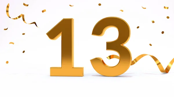 Happy 13 birthday party celebration. Gold numbers with glitter gold confetti, serpentine. Festive background. Decoration for party event. One year jubilee celebration. 3d render illustration