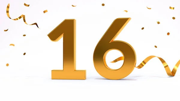 Happy 16 birthday party celebration. Gold numbers with glitter gold confetti, serpentine. Festive background. Decoration for party event. One year jubilee celebration. 3d render illustration