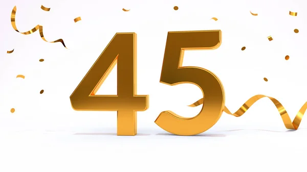 Happy 45 birthday party celebration. Gold numbers with glitter gold confetti, serpentine. Festive background. Decoration for party event. One year jubilee celebration. 3d render illustration