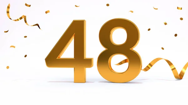 Happy 48 birthday party celebration. Gold numbers with glitter gold confetti, serpentine. Festive background. Decoration for party event. One year jubilee celebration. 3d render illustration