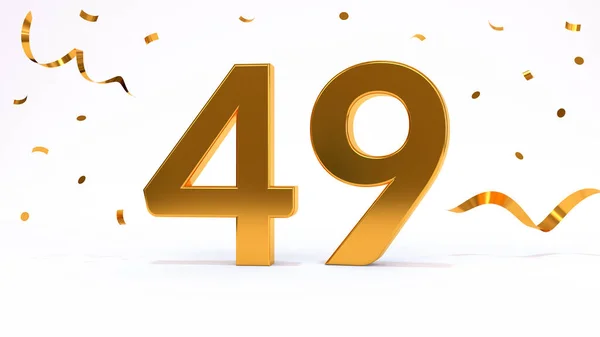 Happy 49 birthday party celebration. Gold numbers with glitter gold confetti, serpentine. Festive background. Decoration for party event. One year jubilee celebration. 3d render illustration