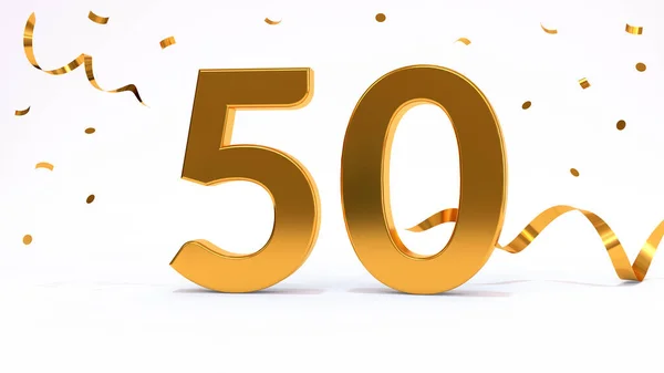 Happy 50 birthday party celebration. Gold numbers with glitter gold confetti, serpentine. Festive background. Decoration for party event. One year jubilee celebration. 3d render illustration