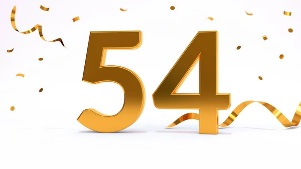 Happy 54 birthday party celebration. Gold numbers with glitter gold confetti, serpentine. Festive background. Decoration for party event. One year jubilee celebration. 3d render illustration