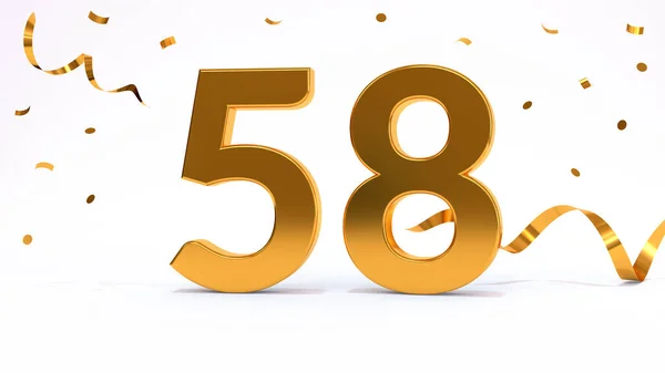 Happy 58 birthday party celebration. Gold numbers with glitter gold confetti, serpentine. Festive background. Decoration for party event. One year jubilee celebration. 3d render illustration
