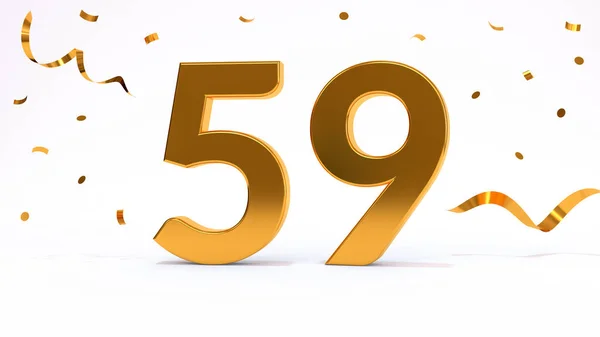 Happy 59 birthday party celebration. Gold numbers with glitter gold confetti, serpentine. Festive background. Decoration for party event. One year jubilee celebration. 3d render illustration