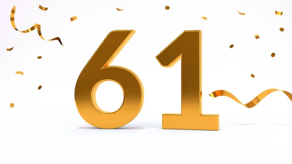 Happy 61 birthday party celebration. Gold numbers with glitter gold confetti, serpentine. Festive background. Decoration for party event. One year jubilee celebration. 3d render illustration