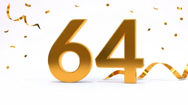 Happy 64 birthday party celebration. Gold numbers with glitter gold confetti, serpentine. Festive background. Decoration for party event. One year jubilee celebration. 3d render illustration