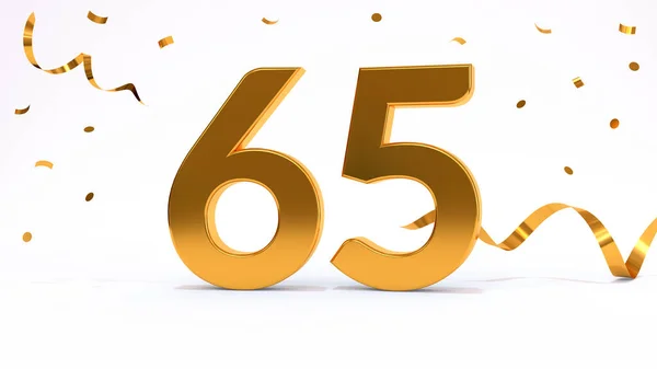Happy 65 birthday party celebration. Gold numbers with glitter gold confetti, serpentine. Festive background. Decoration for party event. One year jubilee celebration. 3d render illustration