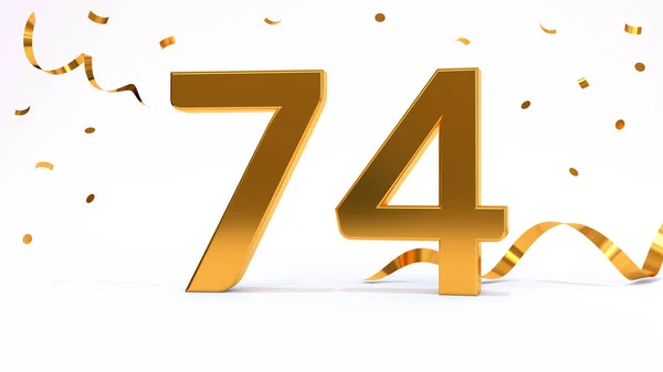 Happy 74 birthday party celebration. Gold numbers with glitter gold confetti, serpentine. Festive background. Decoration for party event. One year jubilee celebration. 3d render illustration