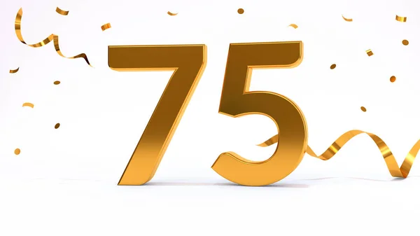 Happy 75 birthday party celebration. Gold numbers with glitter gold confetti, serpentine. Festive background. Decoration for party event. One year jubilee celebration. 3d render illustration