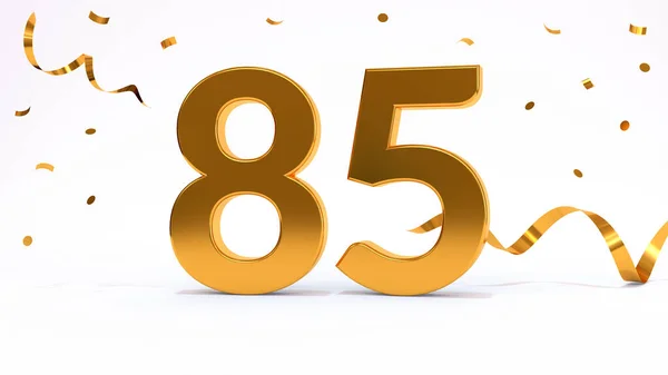 Happy 85 birthday party celebration. Gold numbers with glitter gold confetti, serpentine. Festive background. Decoration for party event. One year jubilee celebration. 3d render illustration