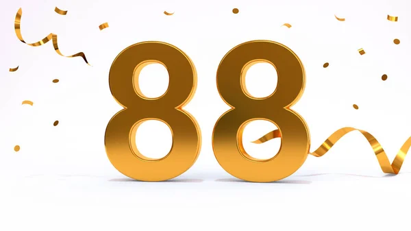 Happy 88 birthday party celebration. Gold numbers with glitter gold confetti, serpentine. Festive background. Decoration for party event. One year jubilee celebration. 3d render illustration