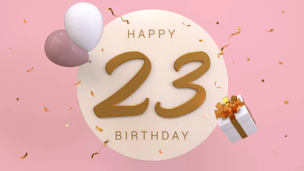 Elegant Greeting celebration 23 years birthday. Happy birthday, congratulations poster. Golden numbers with sparkling golden confetti and balloons. 3d render illustration