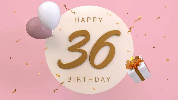 Elegant Greeting celebration 36 years birthday. Happy birthday, congratulations poster. Golden numbers with sparkling golden confetti and balloons. 3d render illustration