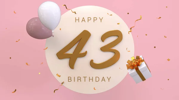 Elegant Greeting celebration 43 years birthday. Happy birthday, congratulations poster. Golden numbers with sparkling golden confetti and balloons. 3d render illustration