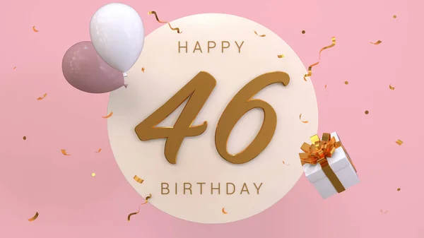 Elegant Greeting celebration 46 years birthday. Happy birthday, congratulations poster. Golden numbers with sparkling golden confetti and balloons. 3d render illustration