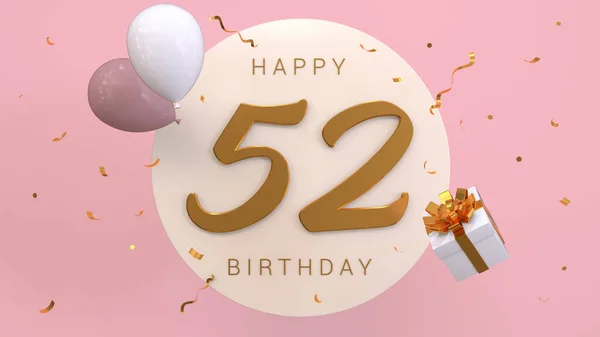 Elegant Greeting celebration 52 years birthday. Happy birthday, congratulations poster. Golden numbers with sparkling golden confetti and balloons. 3d render illustration