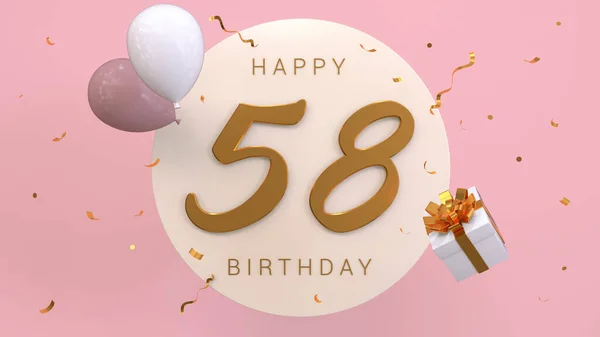 Elegant Greeting celebration 58 years birthday. Happy birthday, congratulations poster. Golden numbers with sparkling golden confetti and balloons. 3d render illustration