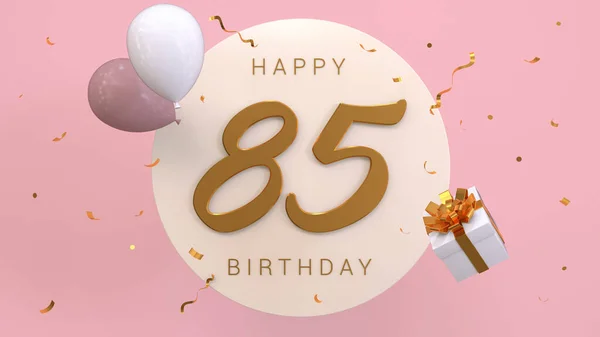 Elegant Greeting celebration 85 years birthday. Happy birthday, congratulations poster. Golden numbers with sparkling golden confetti and balloons. 3d render illustration
