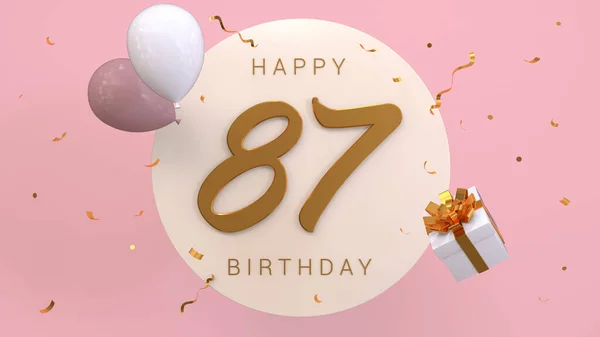 Elegant Greeting celebration 87 years birthday. Happy birthday, congratulations poster. Golden numbers with sparkling golden confetti and balloons. 3d render illustration